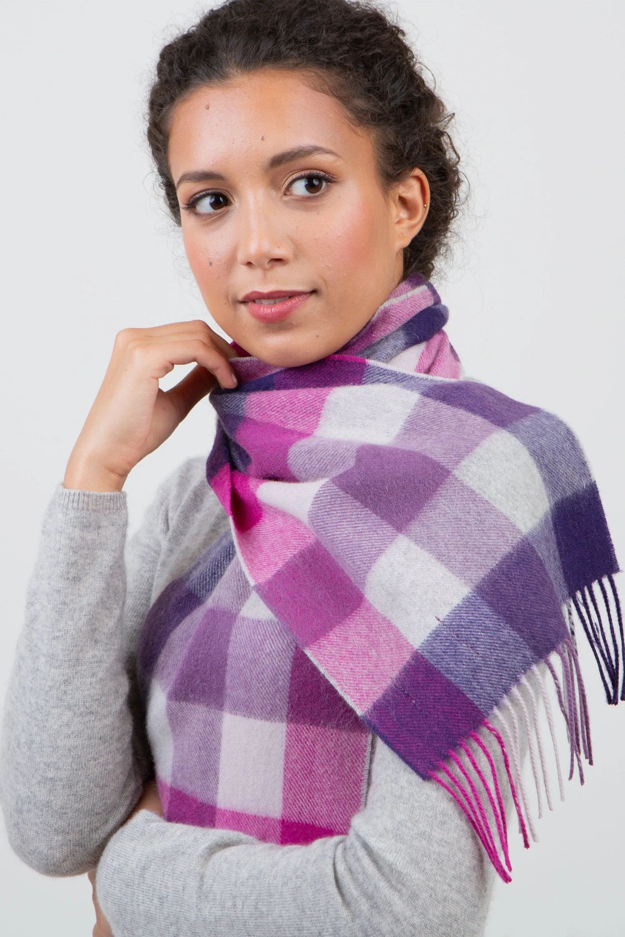 5 Square Check Lambswool Scarf - Purple