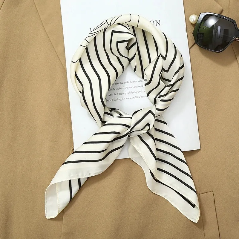 70*70  Striped Silk Scarf Women's Small Square Scarf Korean Style Versatile Professional Small Scarf Summer Thin Decorative Scarf