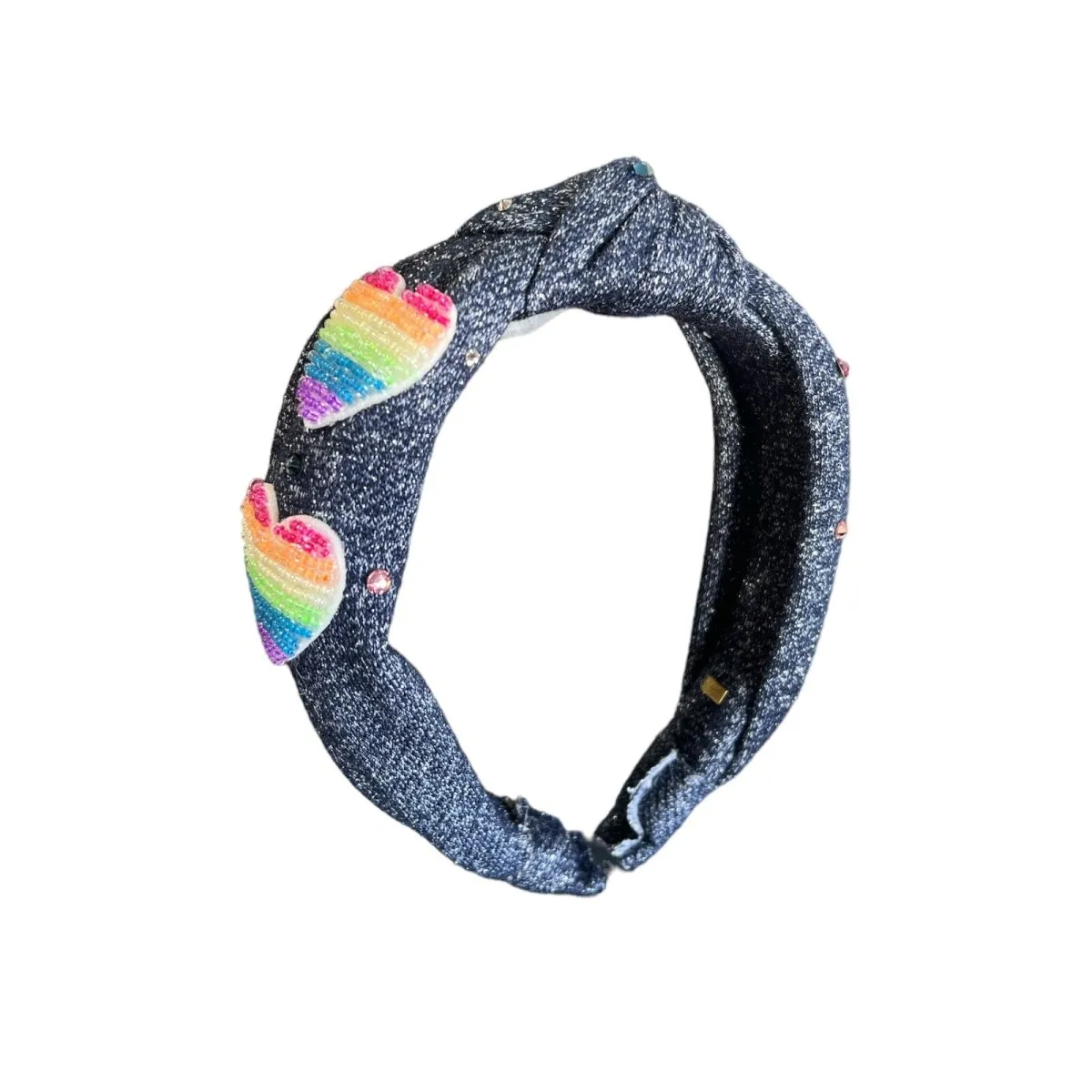 BEADED HEARTS DENIM HEADBAND