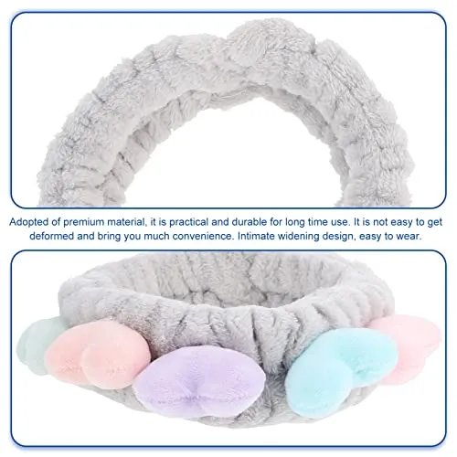 Beaupretty 2pcs Plush Spa Headband Cute Heart Coral Fleece Makeup Headband Soft Elastic Head Wrap Cosmetic Bow Hair Bands Women Facial Hair Scrunchies for Shower (Grey)