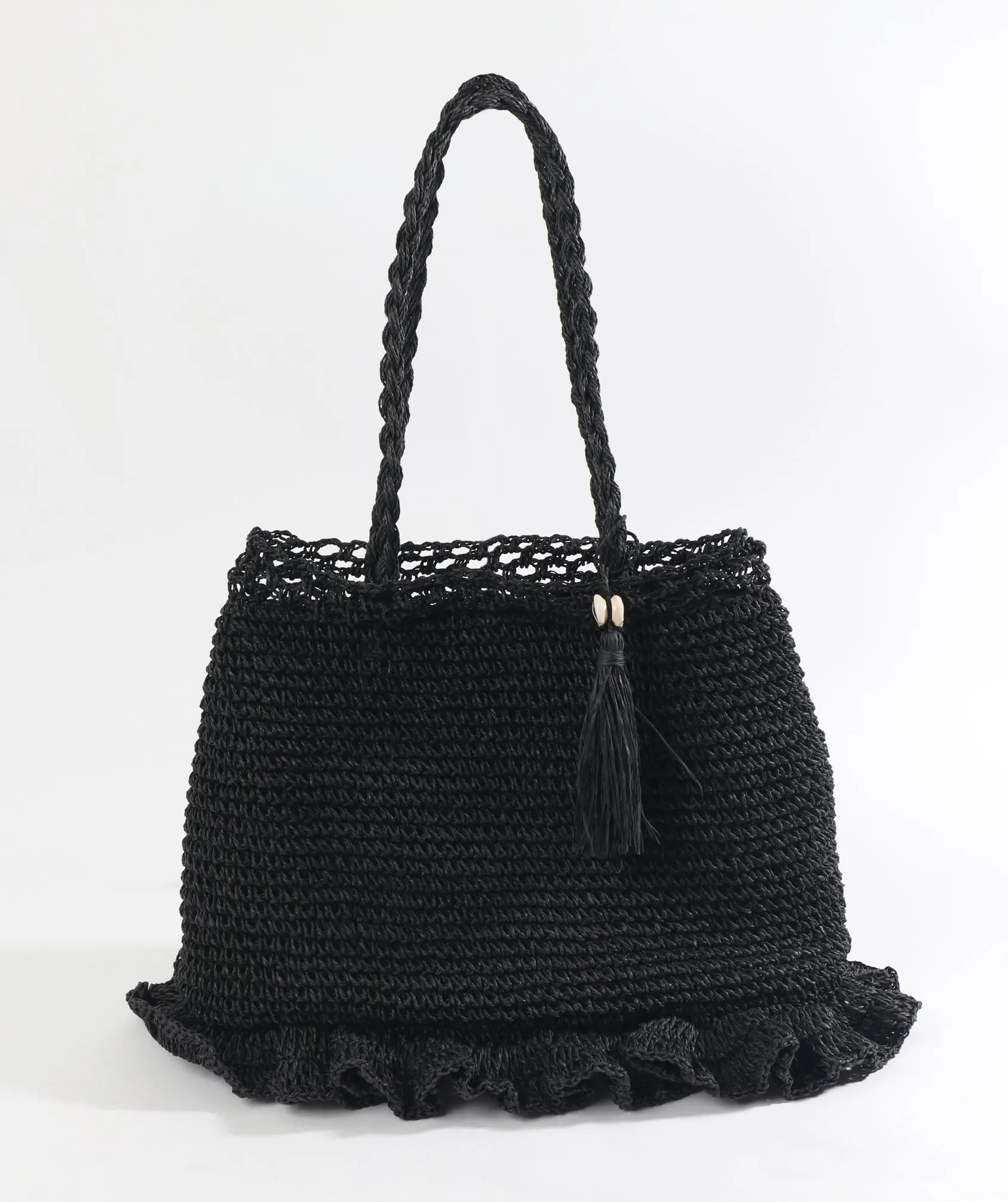 Black Woven Straw Bag with Button Snap Closure and Interior Pockets