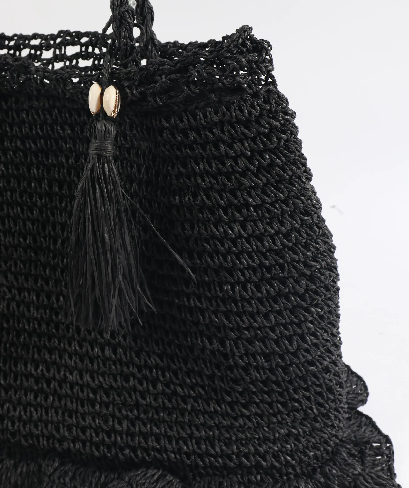 Black Woven Straw Bag with Button Snap Closure and Interior Pockets