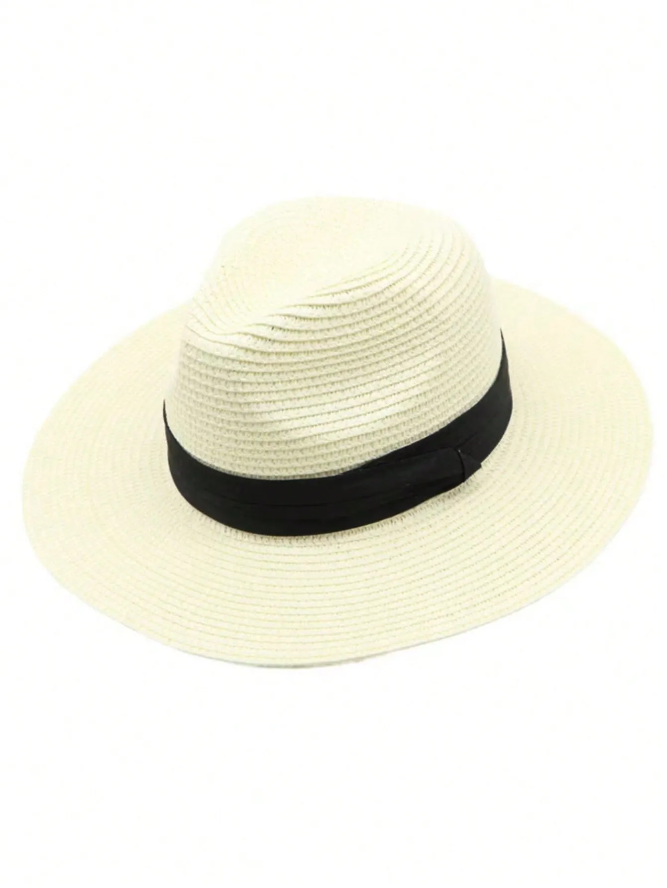 Boho Unisex Sun Hat Jazz Hat With Black Ribbon, Fashionable Panama Straw Beach Hat