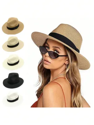 Boho Unisex Sun Hat Jazz Hat With Black Ribbon, Fashionable Panama Straw Beach Hat