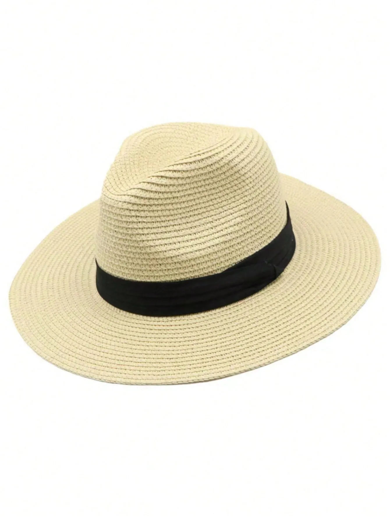 Boho Unisex Sun Hat Jazz Hat With Black Ribbon, Fashionable Panama Straw Beach Hat