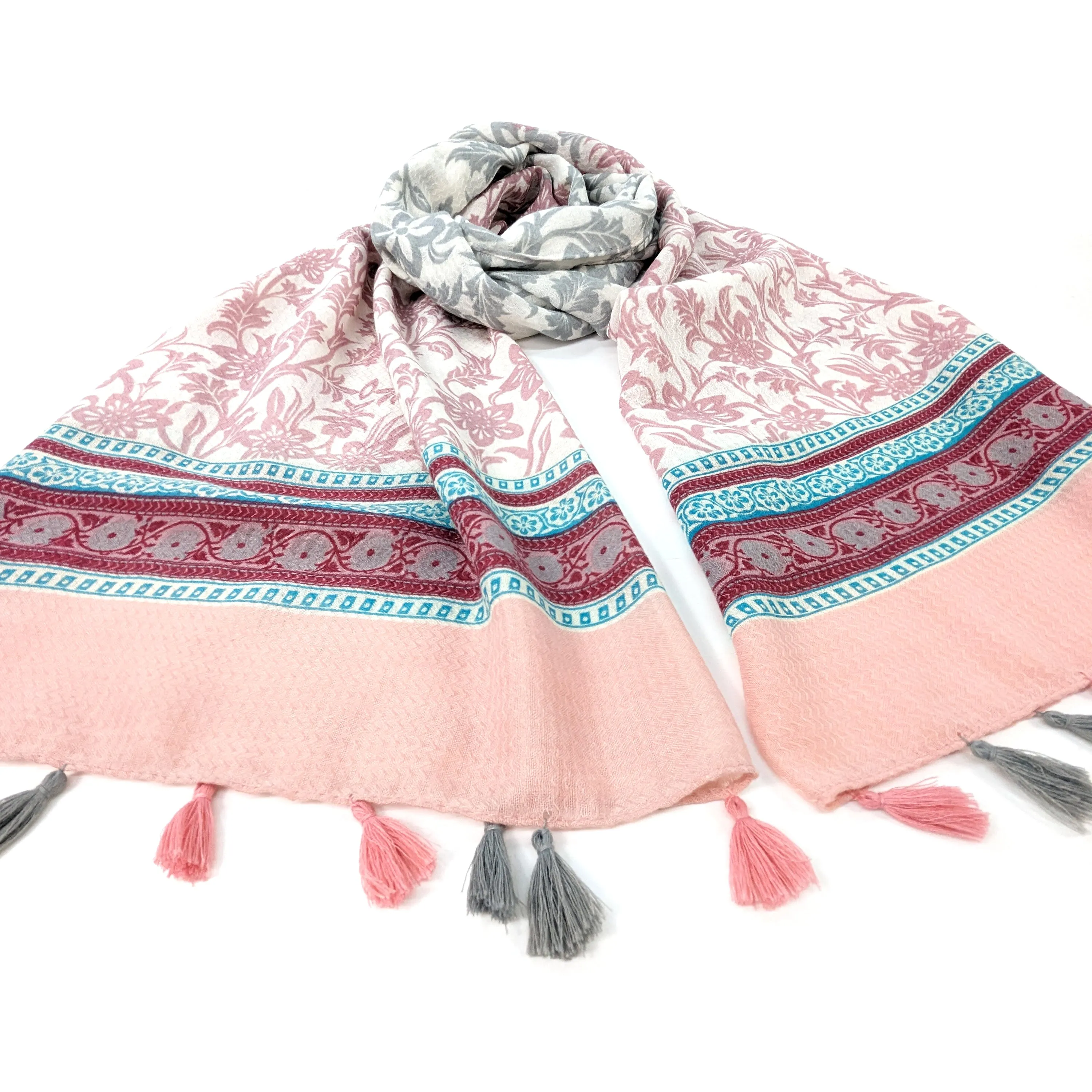 Bordered Flower Scarf - Grey/Pink (80x180cm)