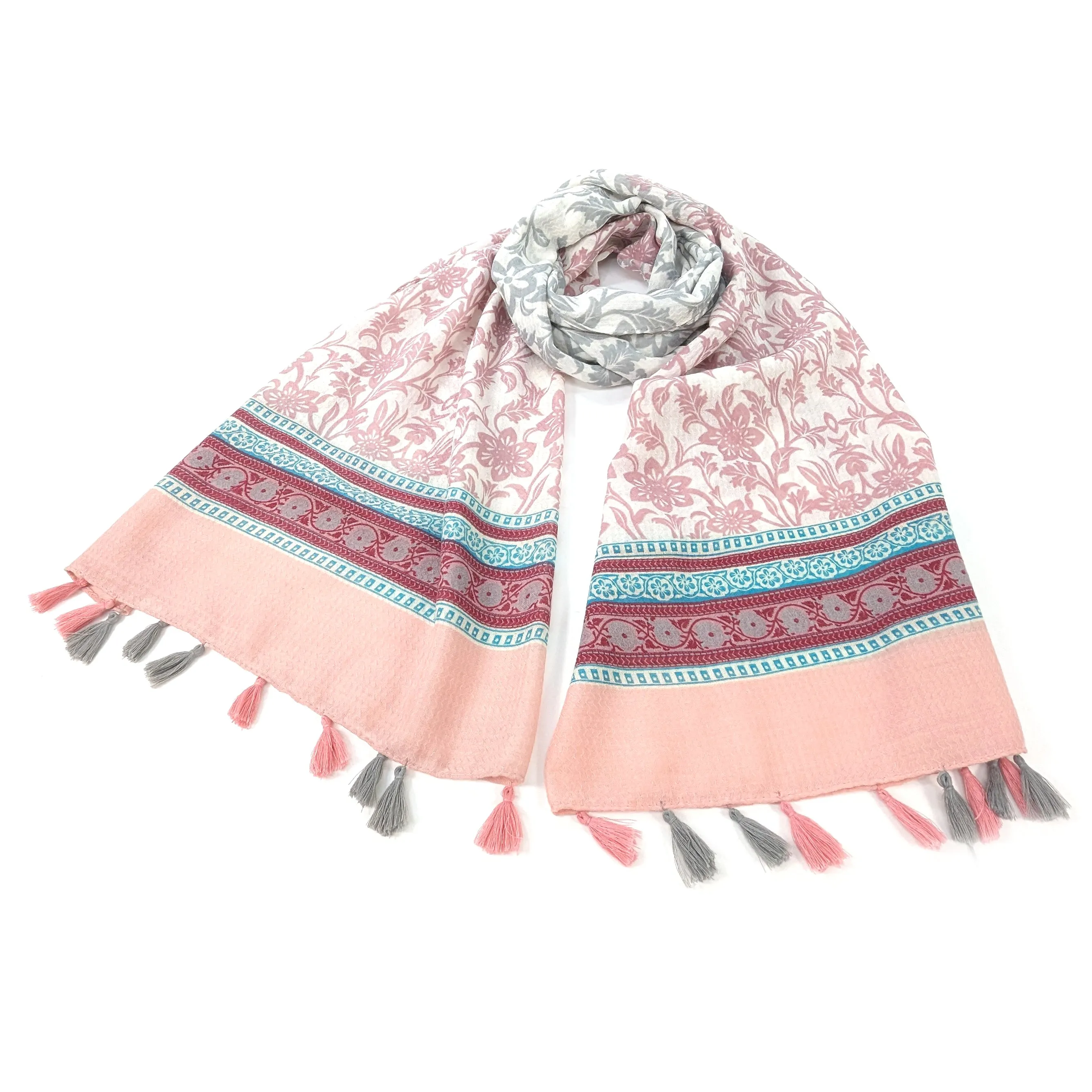 Bordered Flower Scarf - Grey/Pink (80x180cm)