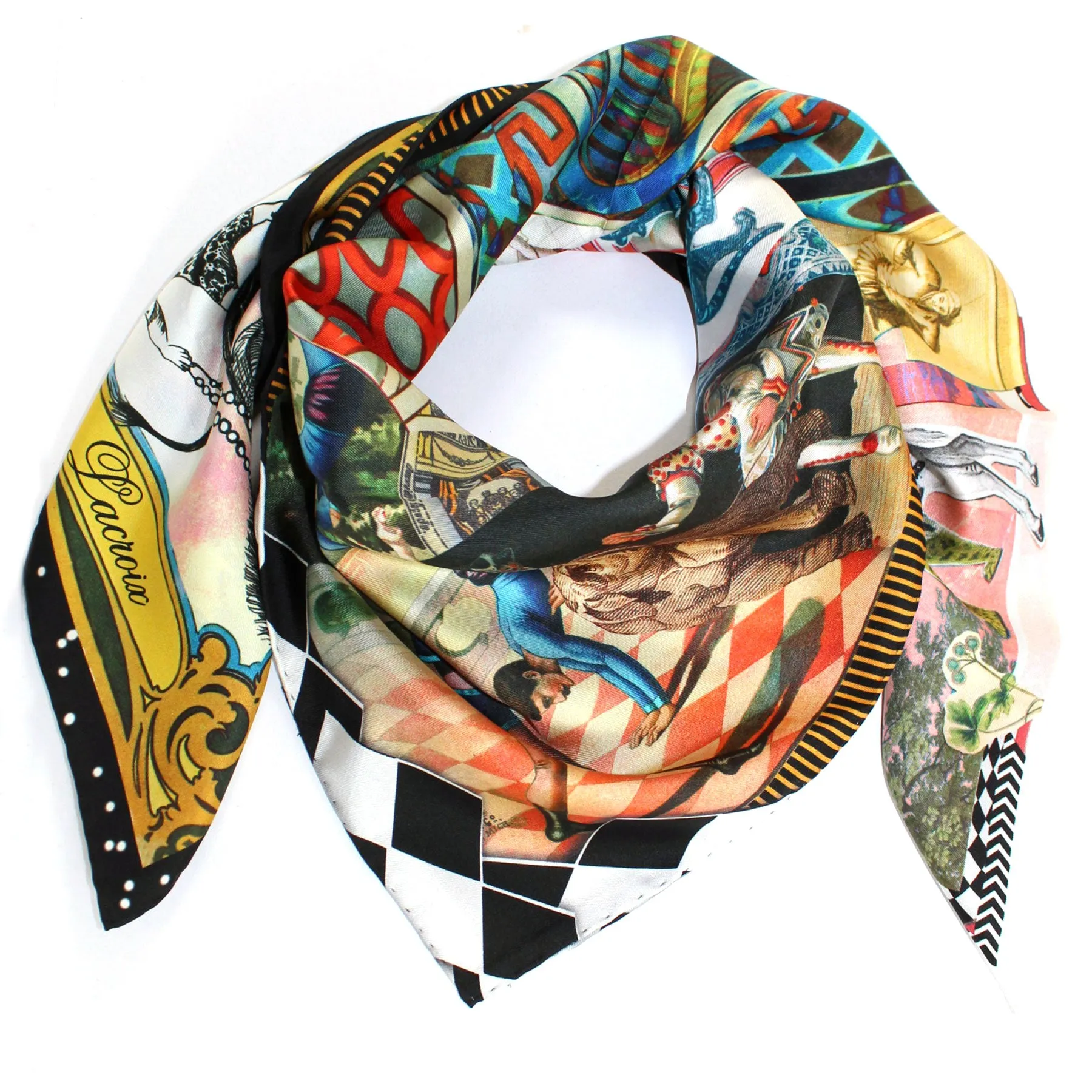 Christian Lacroix Scarf Black Gold Blue Circus Design - Silk Square Foulard