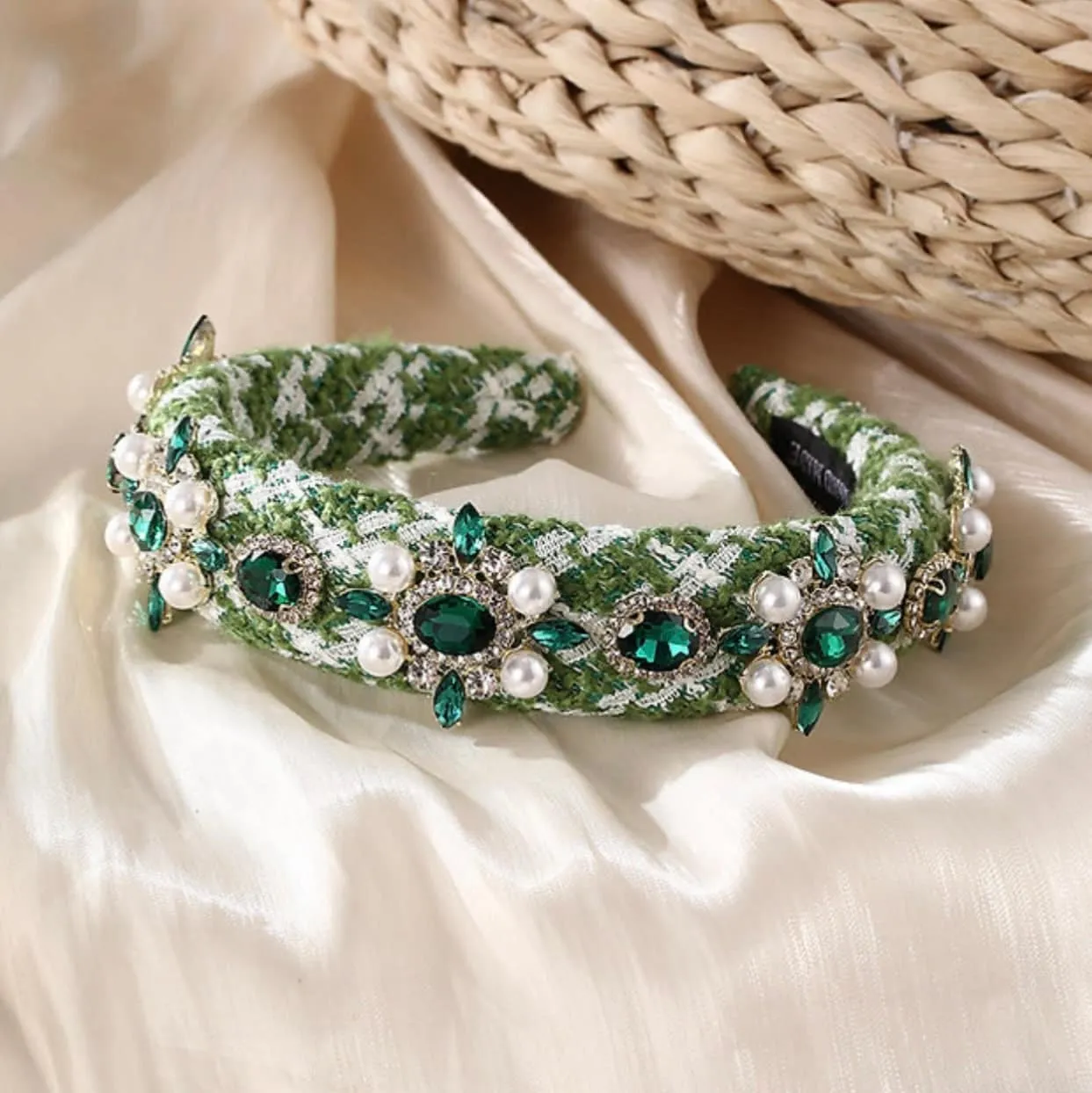 Classic Tweed Rhinestone and Pearl  head band, elegant, comfy and stylish