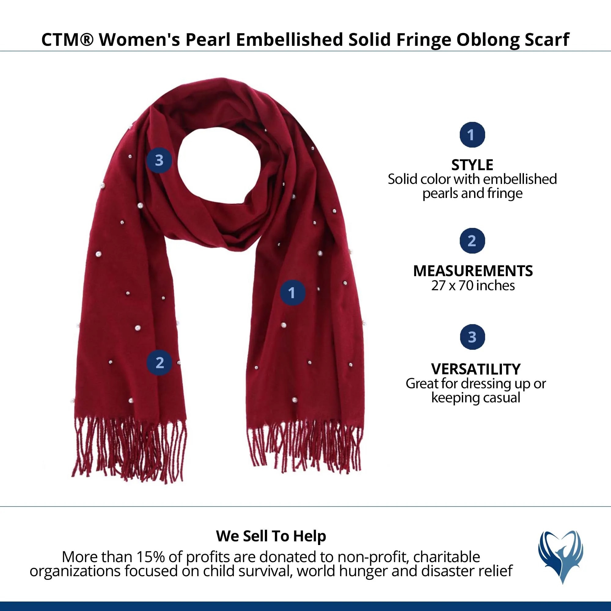 CTM® Women's Pearl Embellished Solid Fringe Oblong Scarf