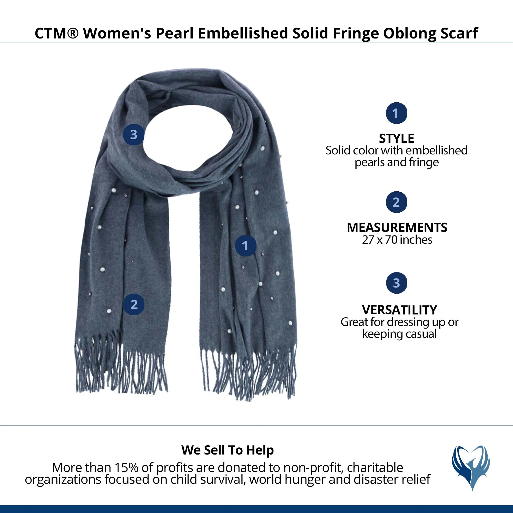 CTM® Women's Pearl Embellished Solid Fringe Oblong Scarf