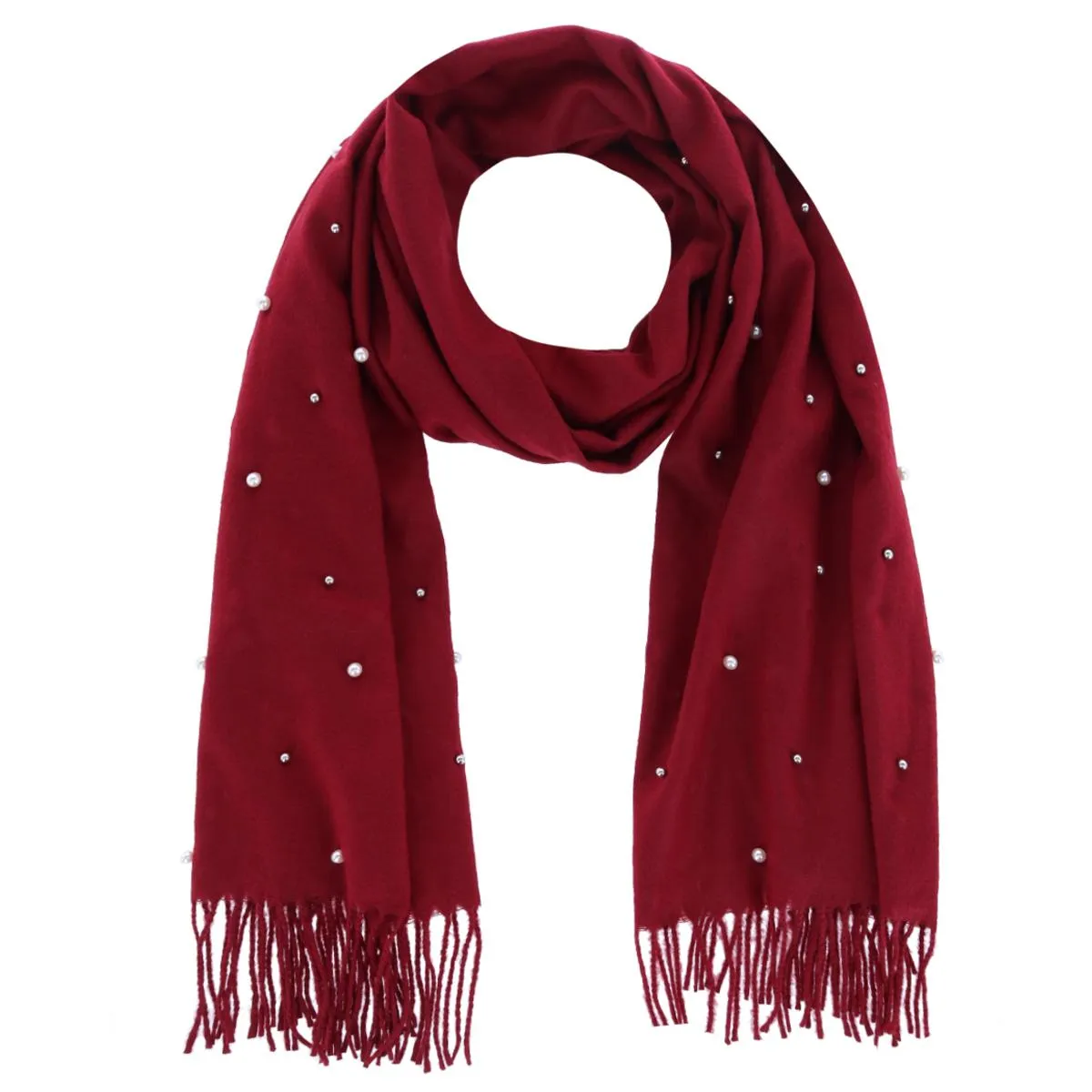 CTM® Women's Pearl Embellished Solid Fringe Oblong Scarf