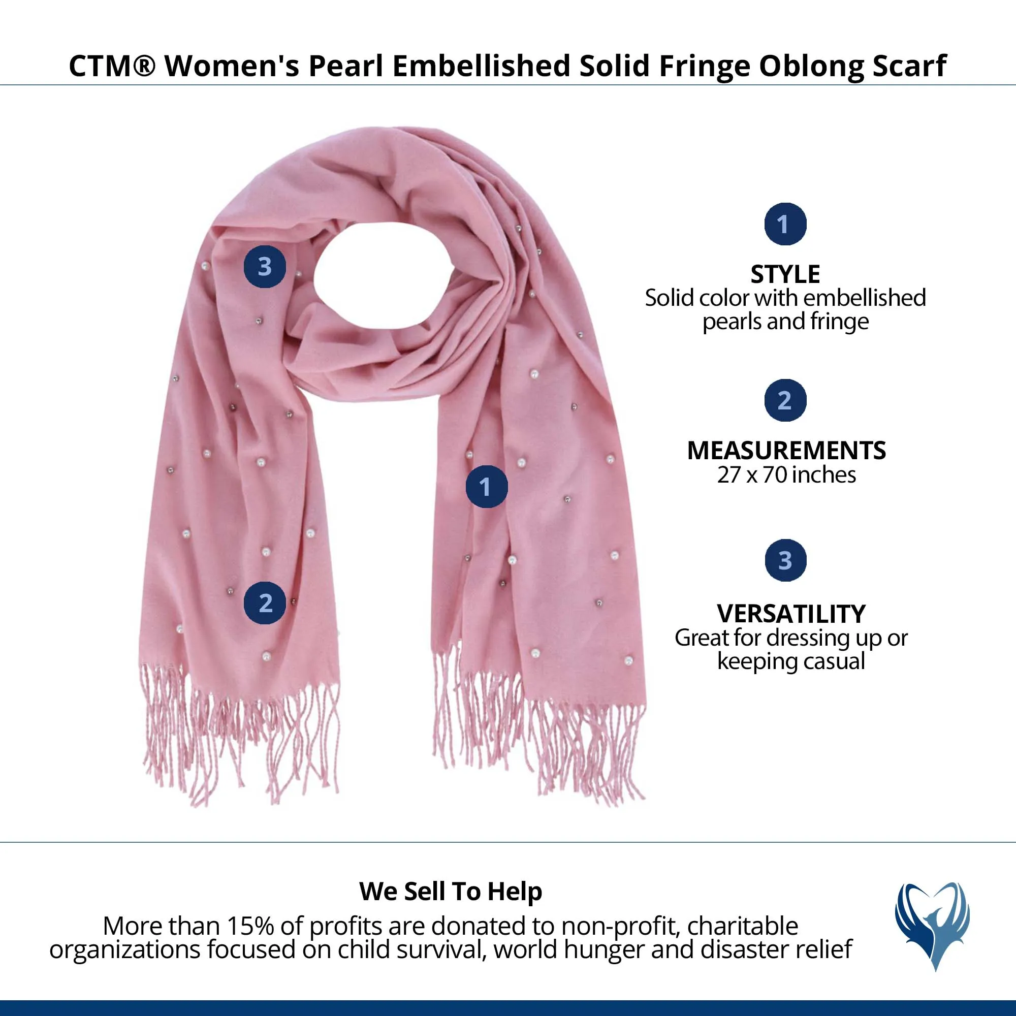 CTM® Women's Pearl Embellished Solid Fringe Oblong Scarf