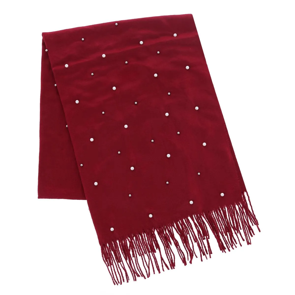 CTM® Women's Pearl Embellished Solid Fringe Oblong Scarf