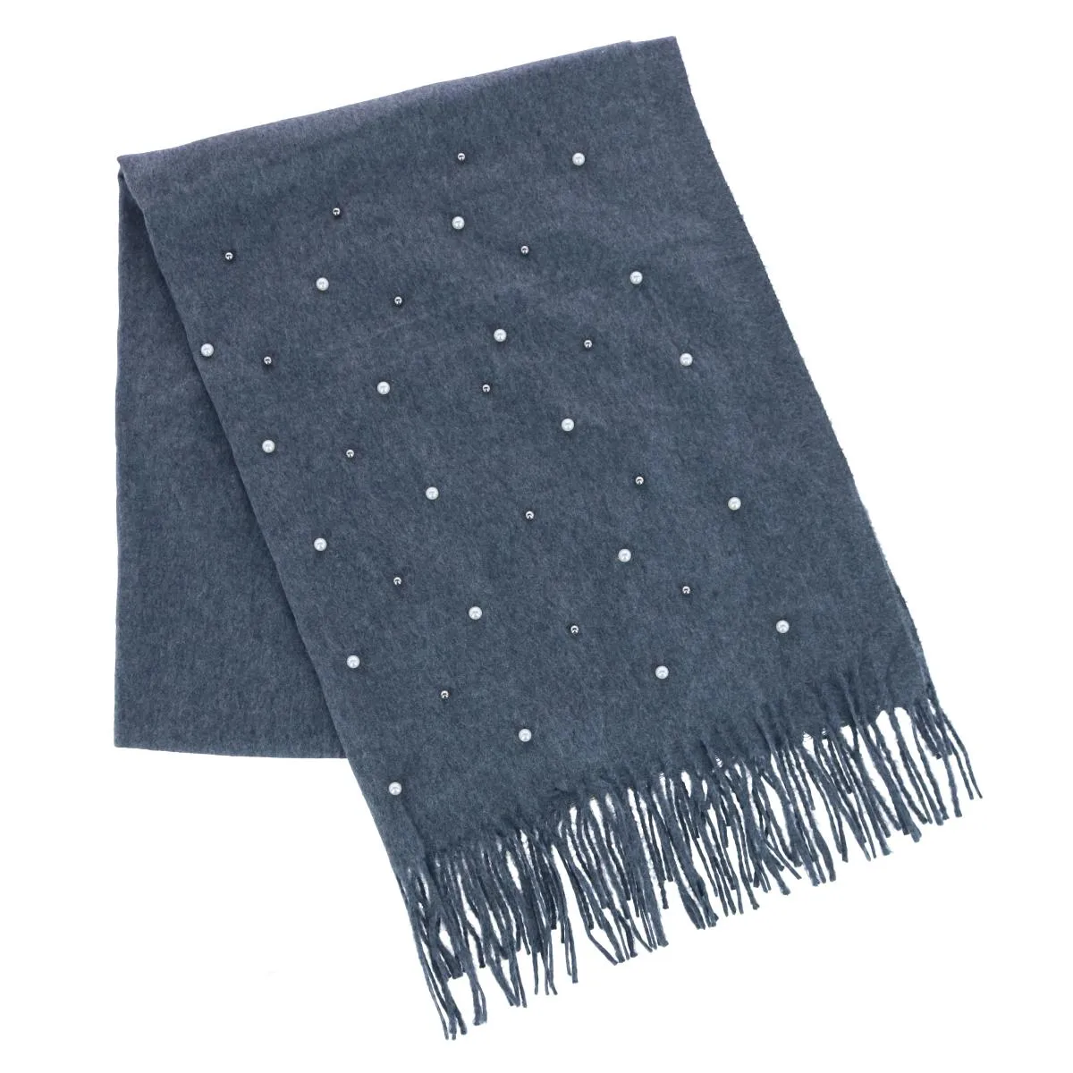 CTM® Women's Pearl Embellished Solid Fringe Oblong Scarf