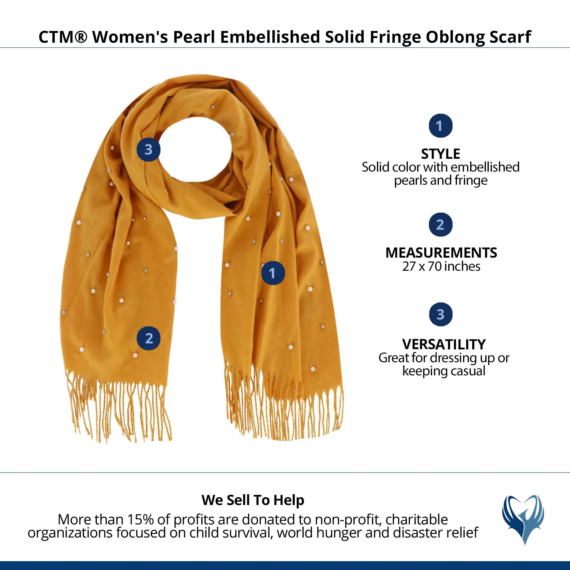 CTM® Women's Pearl Embellished Solid Fringe Oblong Scarf