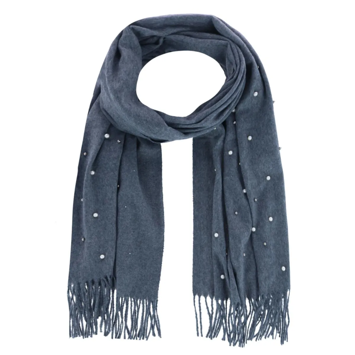 CTM® Women's Pearl Embellished Solid Fringe Oblong Scarf