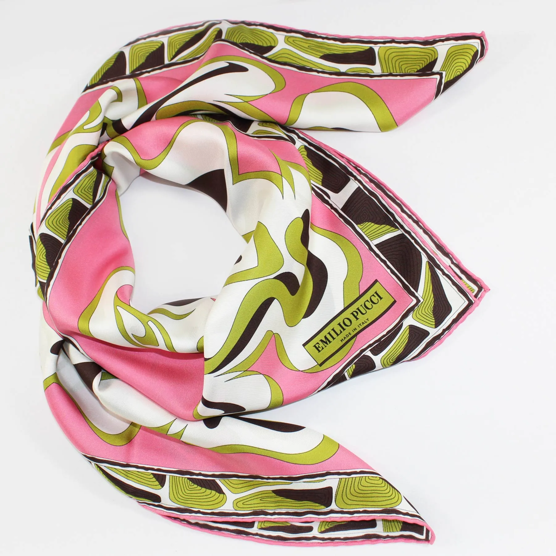 Emilio Pucci Scarf Pink Lime Black Swirl Floral - Twill Silk 36" Square Foulard