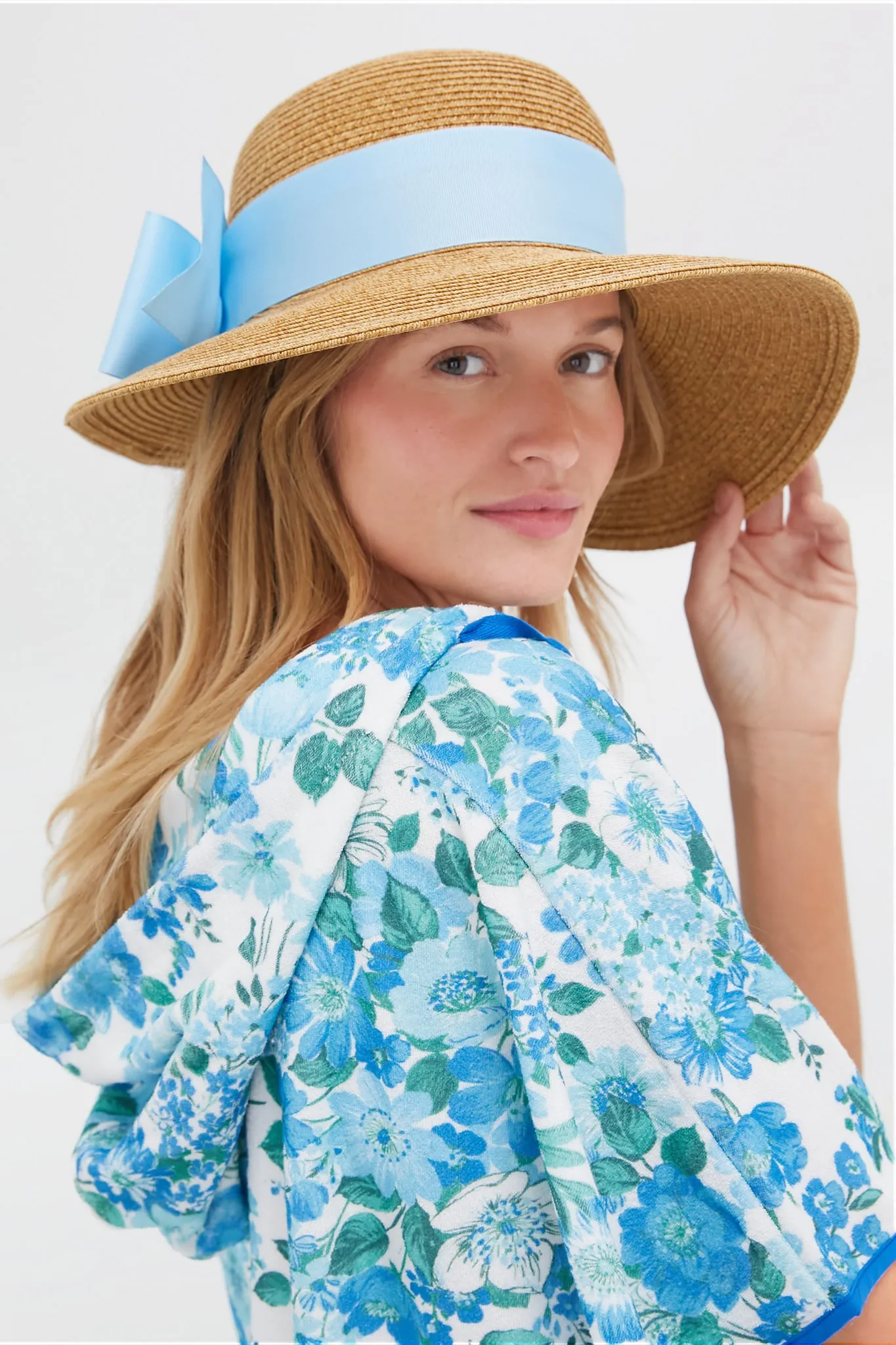 Exclusive Blue Packable Wide Bow Sunhat