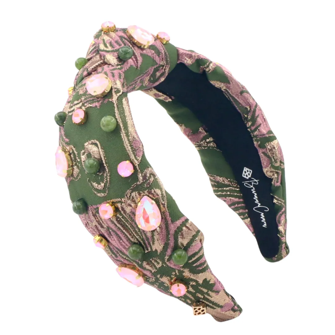 Green & Pink Fall Brocade Headband with Crystals & Beads