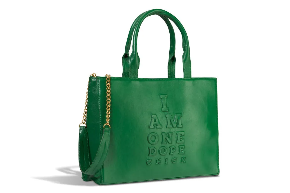 I Am One Dope Chick Leather Tote In Money Green