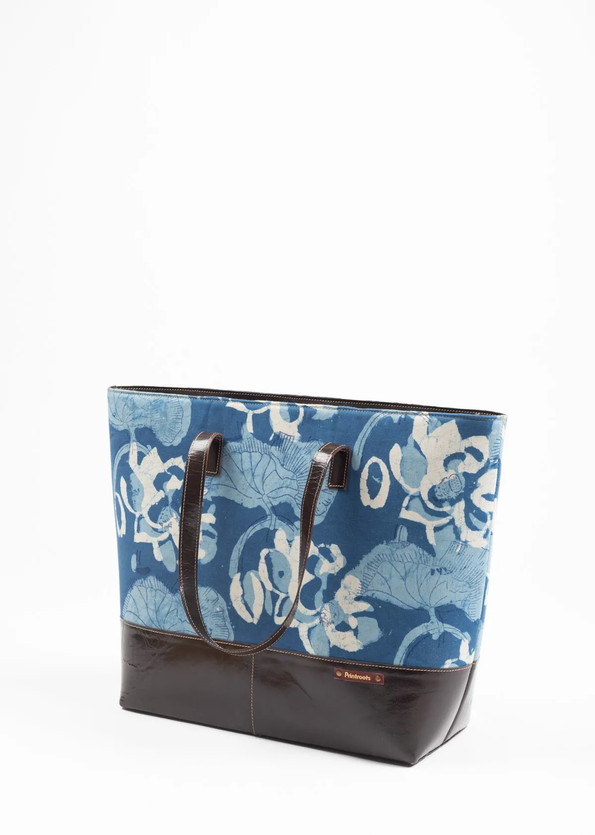 Indigo Foresta Hand Block Printed Leather Tote Bag