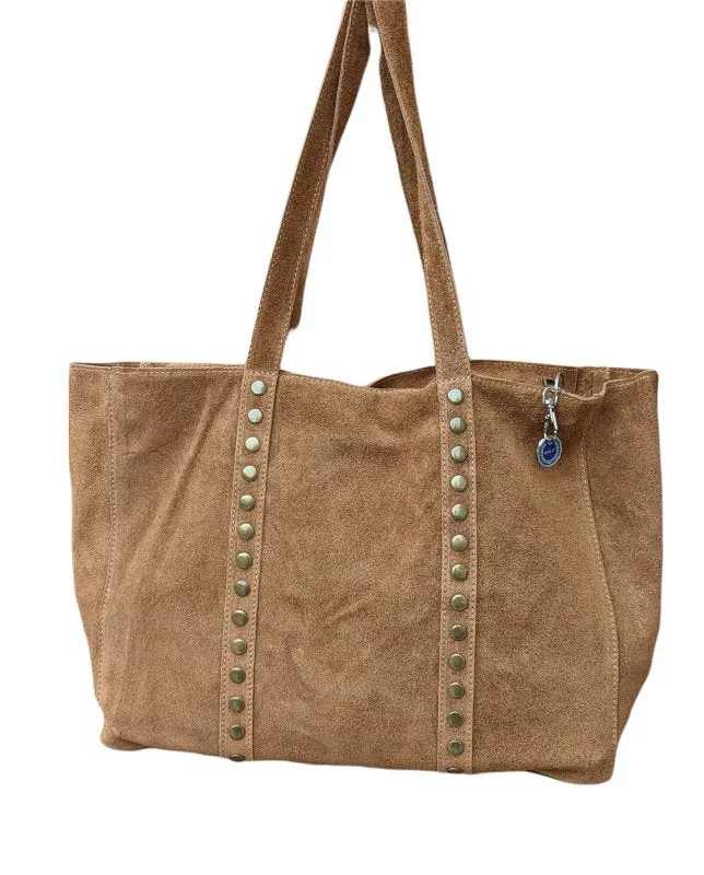 Italian Stylish Studded Suede Leather Soft Tote Shopper Swolit - Popolare - Tan