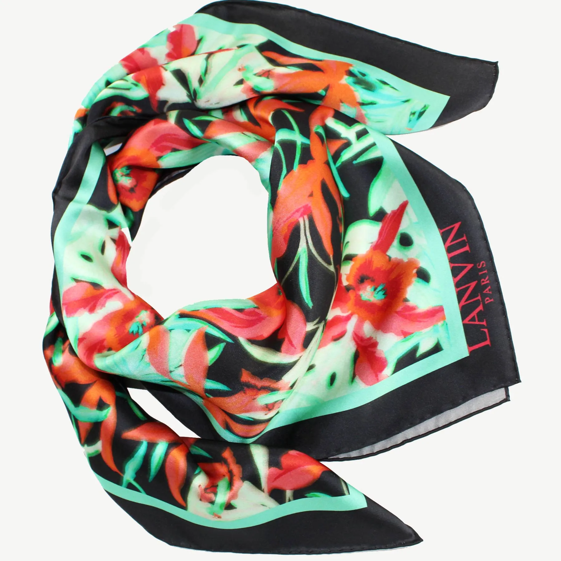 Lanvin Scarf Black Green Red Floral - Square Silk Foulard SALE