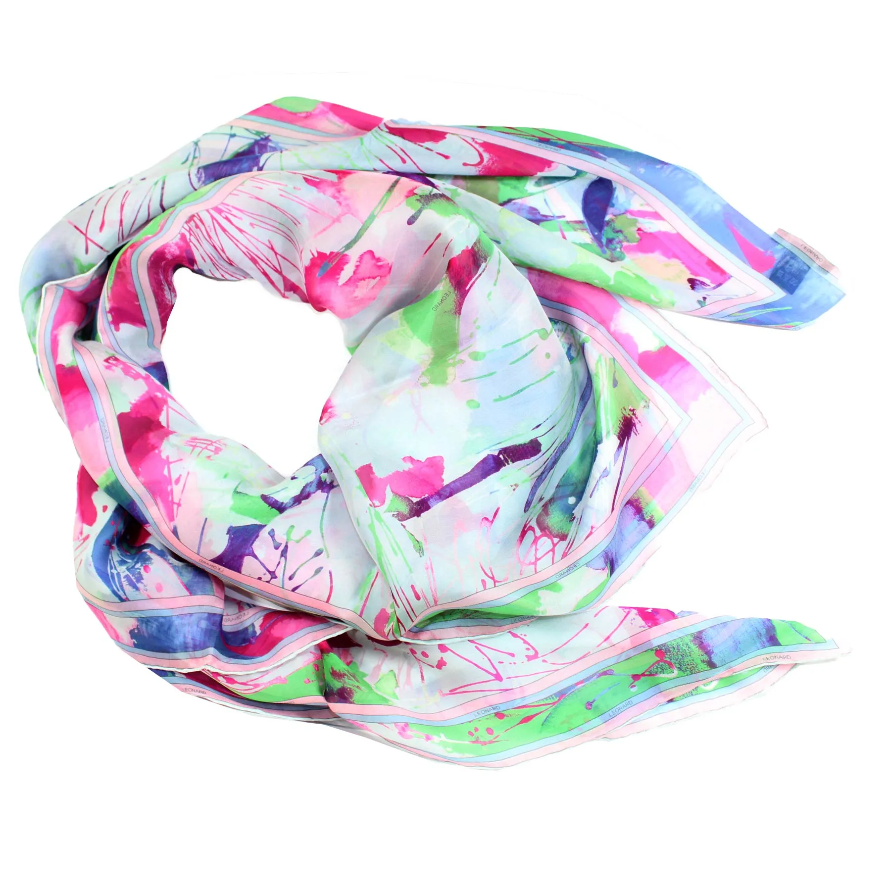 Leonard Scarf Pink Lime Watercolors - Large Square Chiffon Silk Wrap