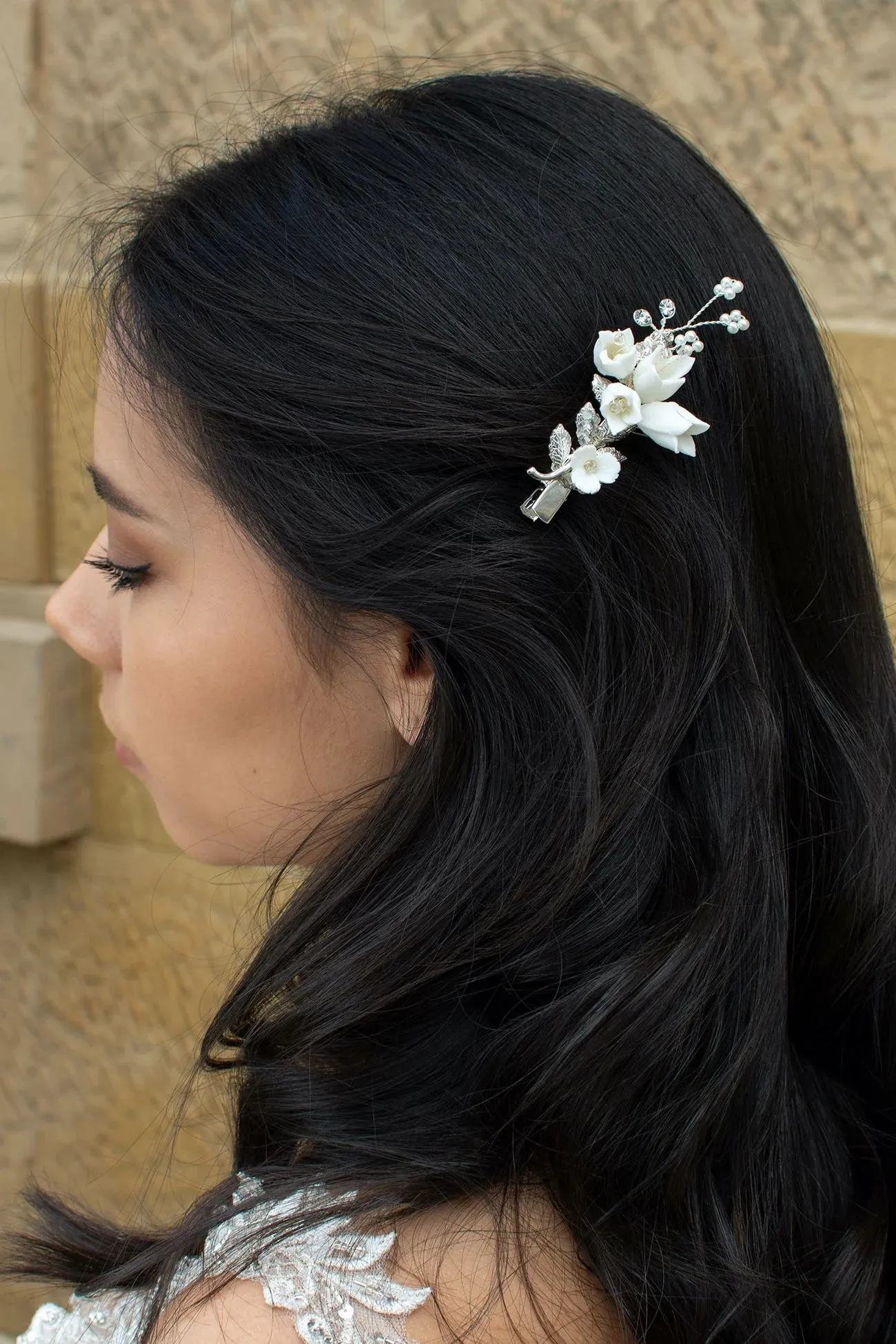 Millicent - Dainty Porcelain Flower Pearl Bridal Hair Clip