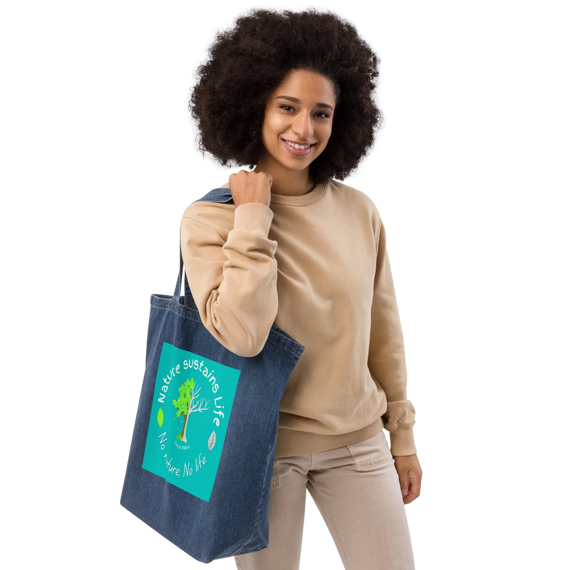 Nature is Life, Organic denim tote bag