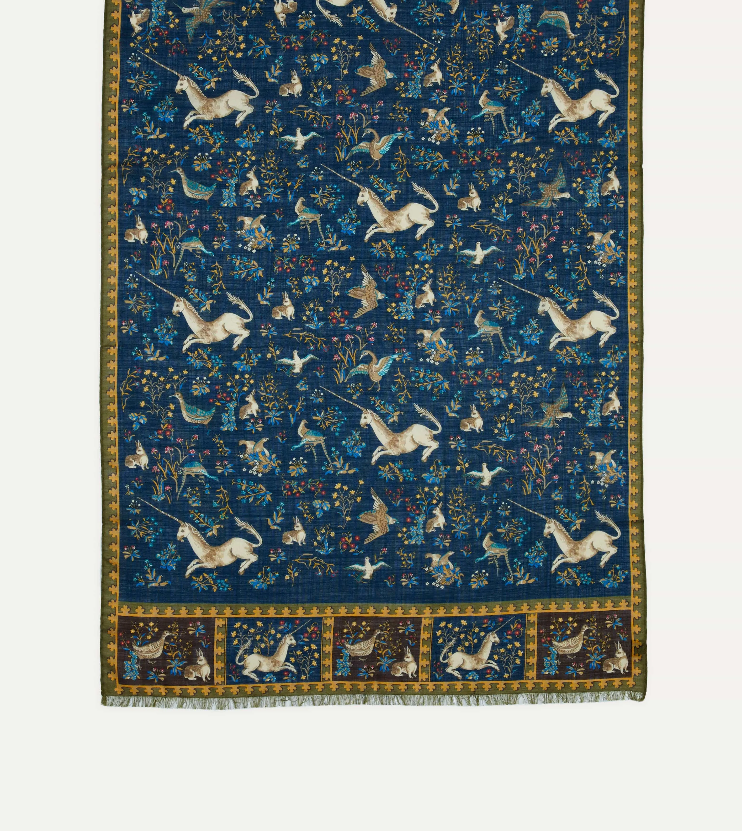 Navy Unicorn Print Wool-Silk Scarf