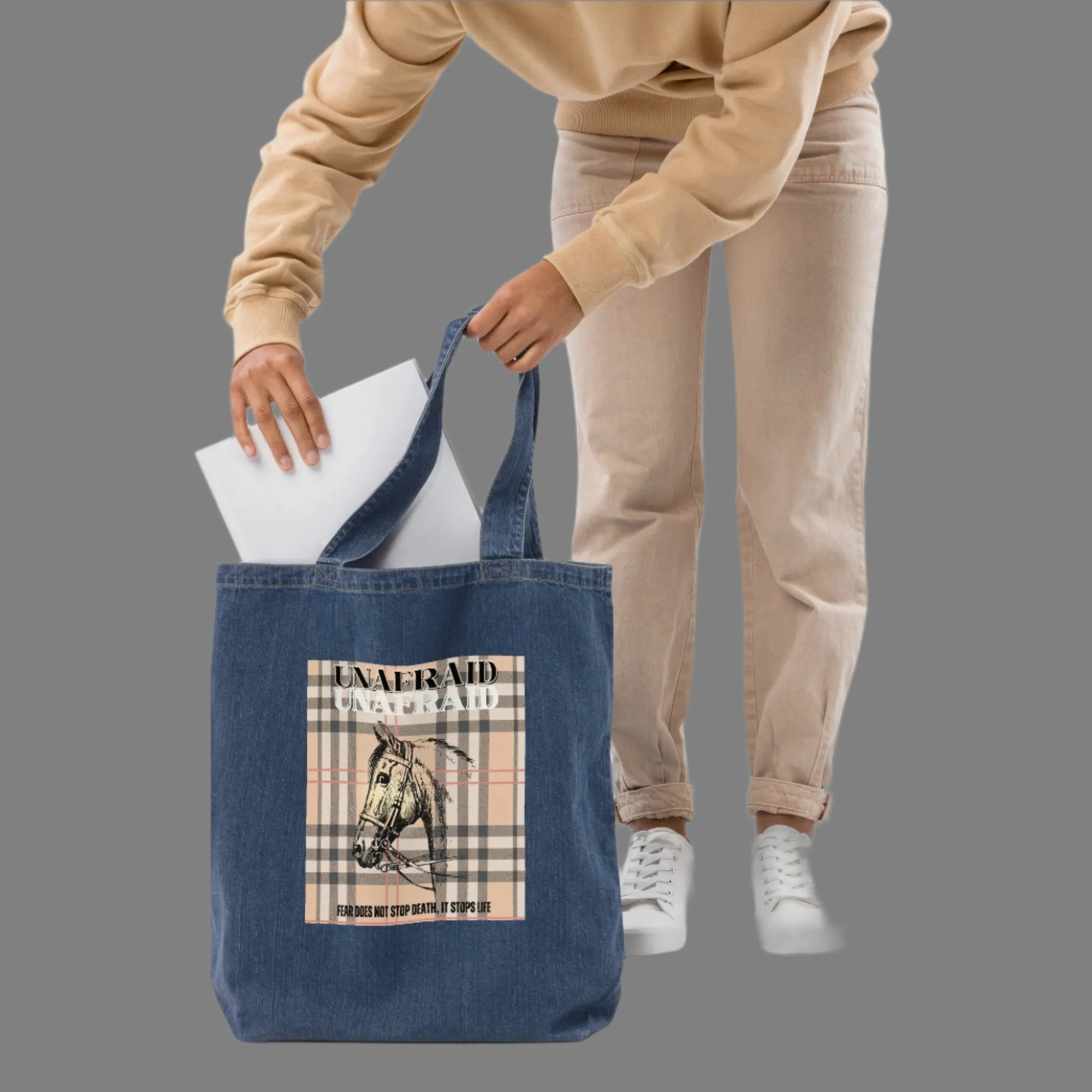 Organic Cotton Denim Tote Bag with Horse Print | Eco-Friendly