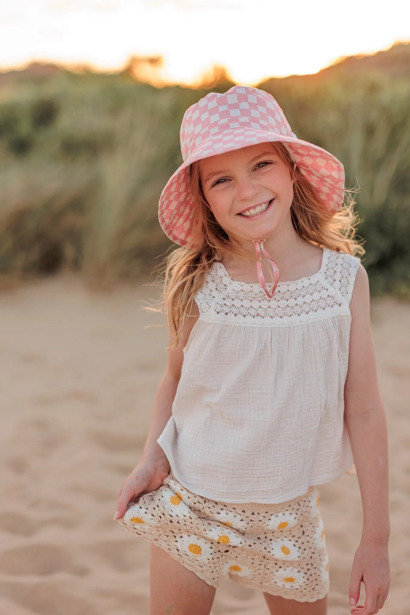 Pink Checks Broad Brim Bucket Hat