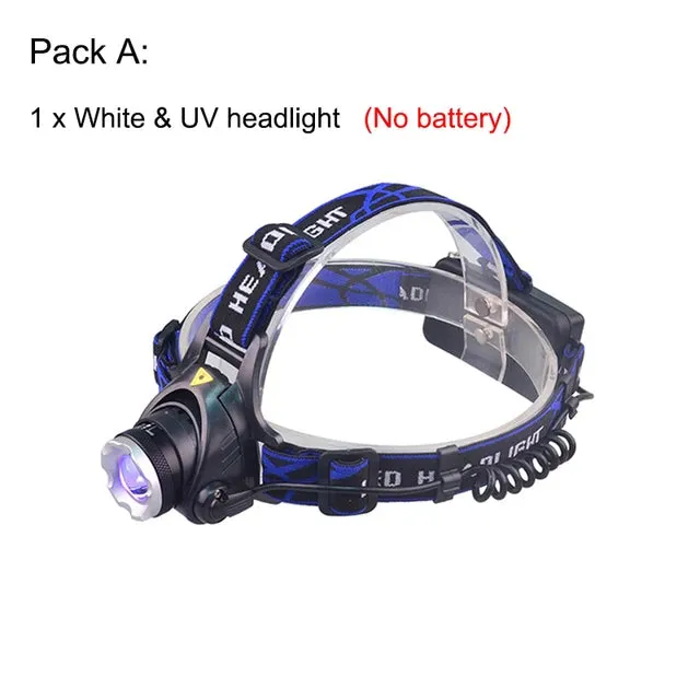 Powerful 4-Mode 5W LED Headlamp USB Rechargeable Zoom Headlight 395nm UV & White Head Torch For Camping Scorpion Detector