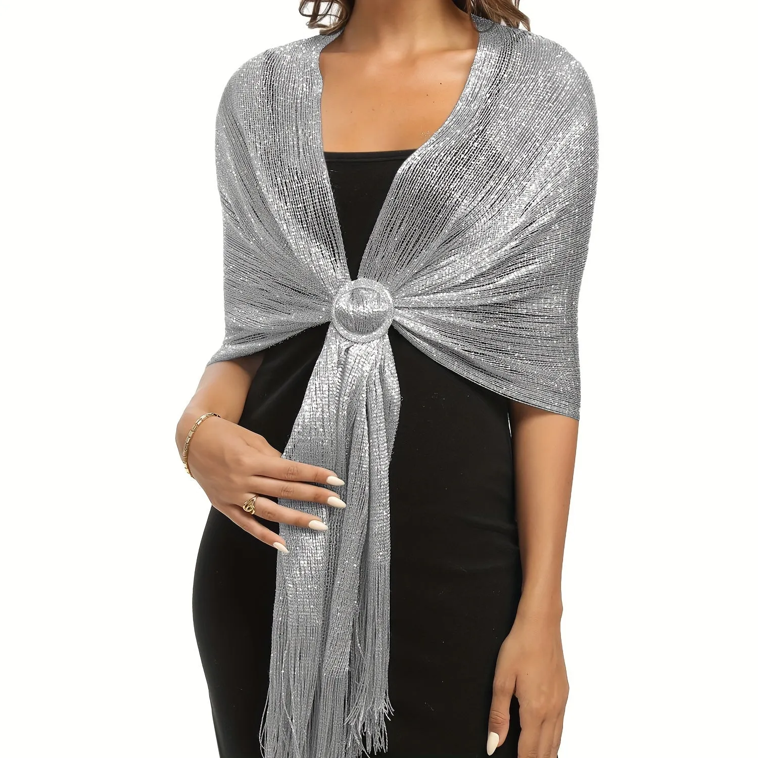 Shimmering Metallic Glam Shawl - Round Buckle Tassel Wrap - Perfect for Evening Parties & Weddings - A Versatile Dress-Up Accessory