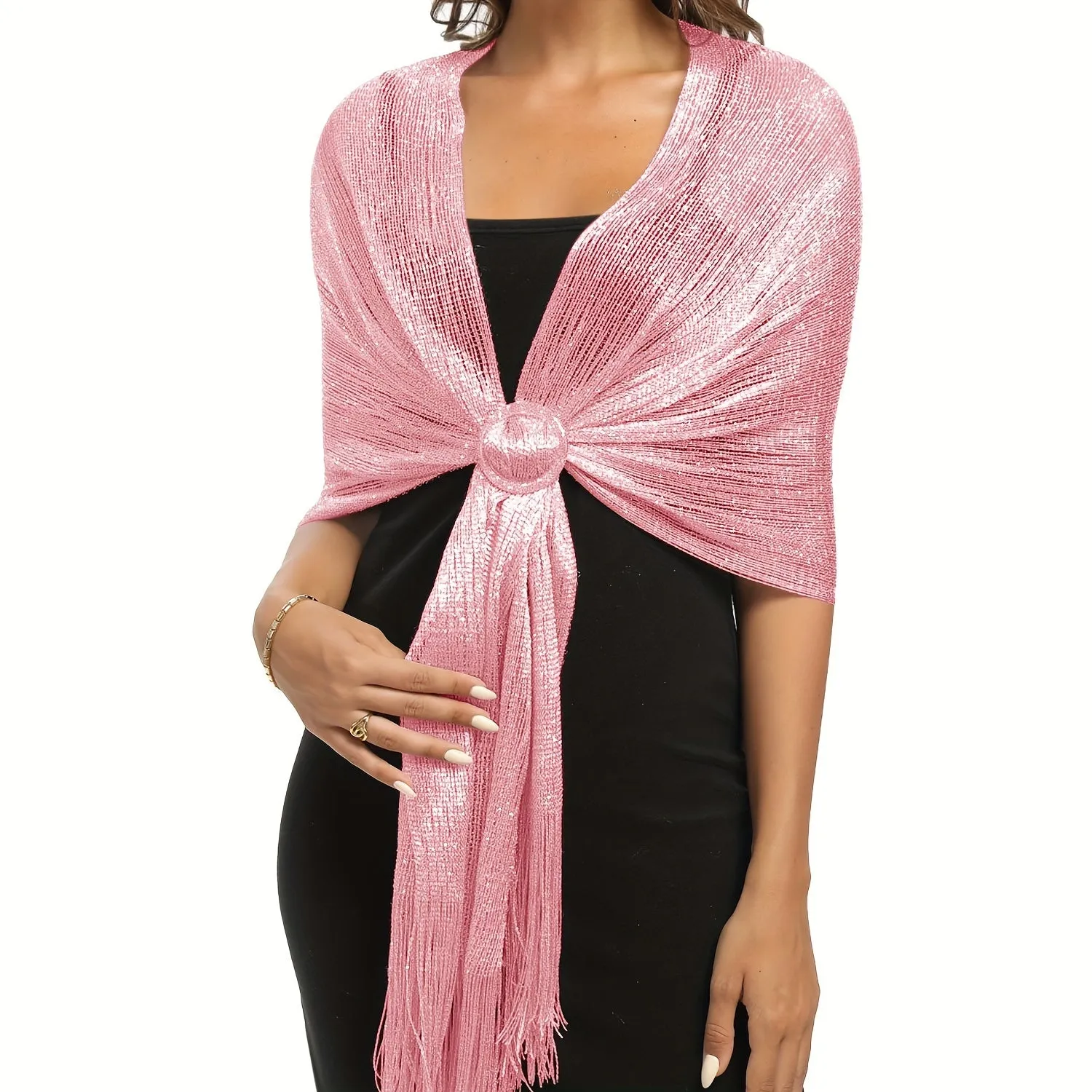 Shimmering Metallic Glam Shawl - Round Buckle Tassel Wrap - Perfect for Evening Parties & Weddings - A Versatile Dress-Up Accessory