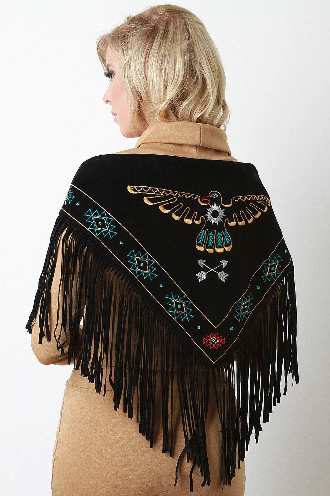 Thunderbird Embroidered Fringe Suede Triangle Scarf