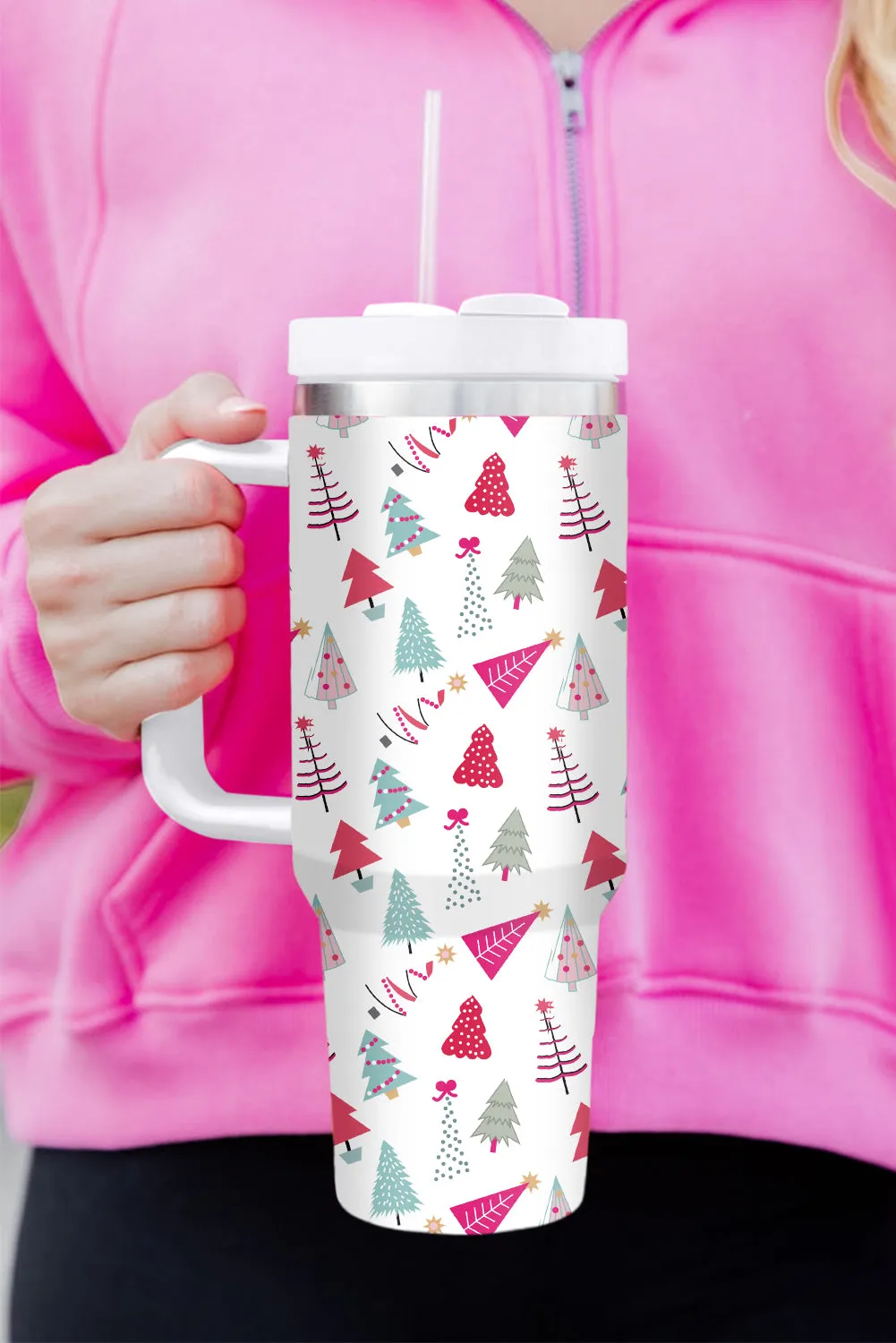 White Cartoon Christmas Tree Printed Thermos Cup