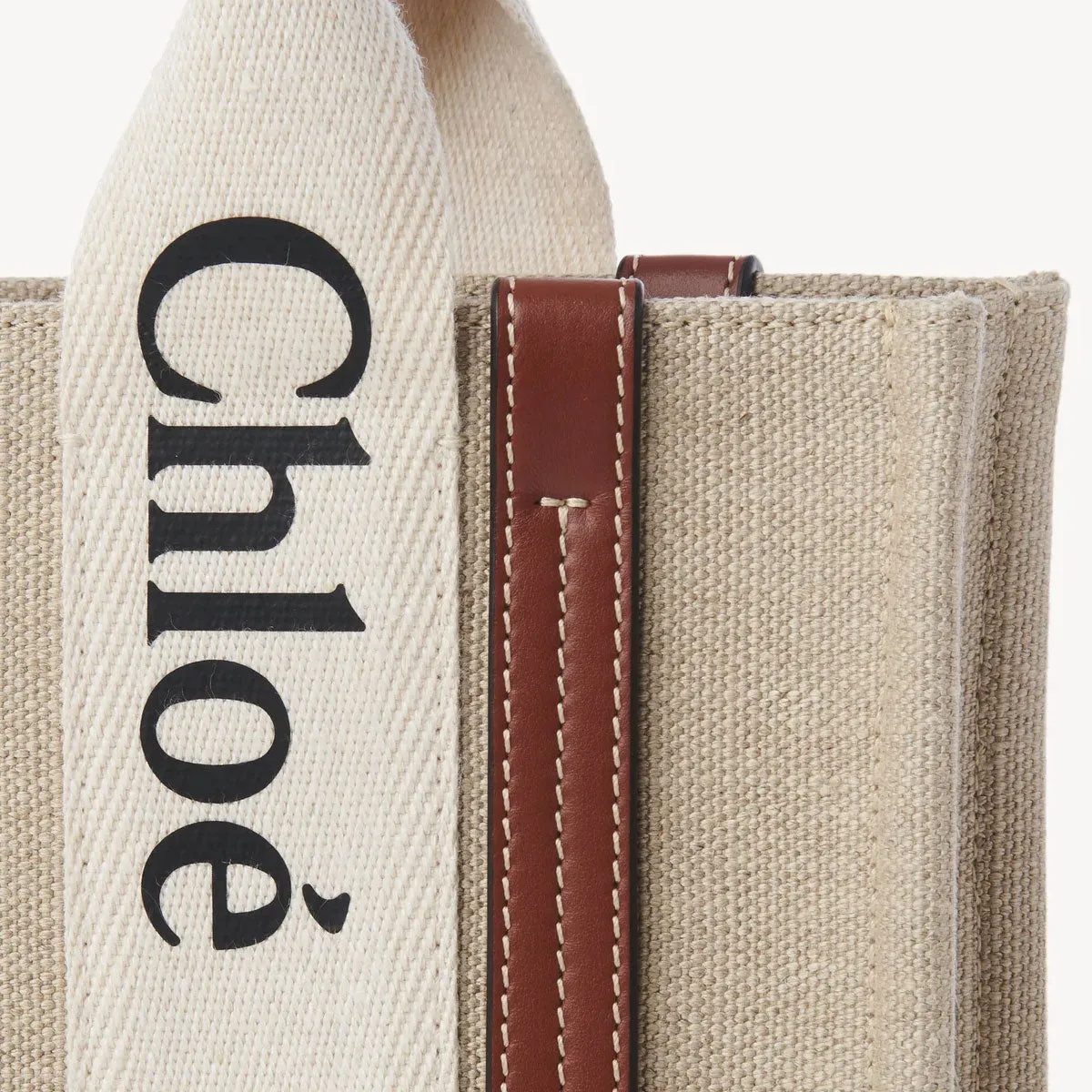 Woody Tote Small Strap Linen, White/Brown